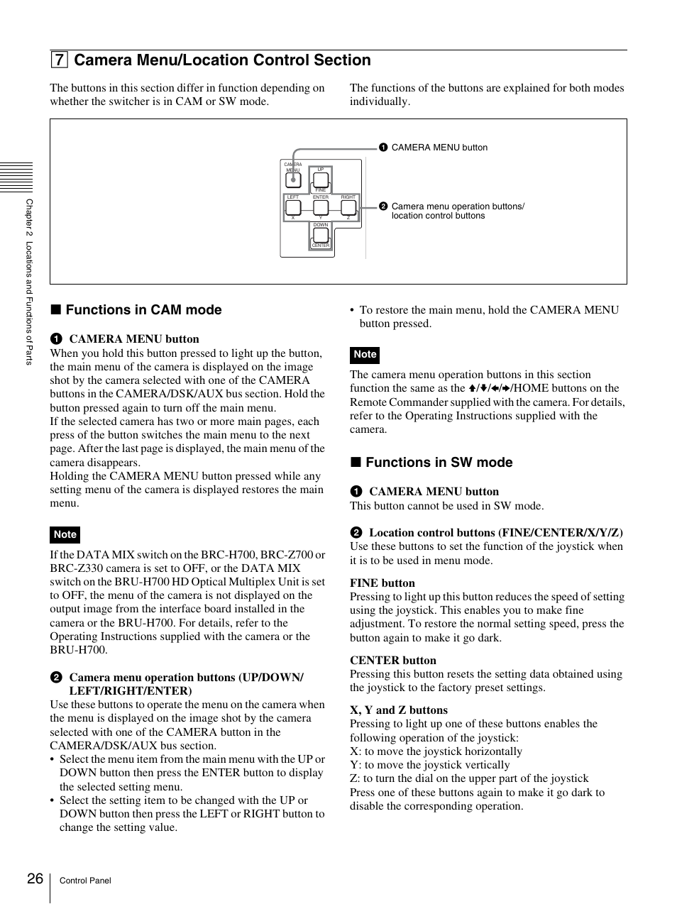 7 camera menu/location control section, X functions in cam mode, X functions in sw mode | Sony BRS-200 User Manual | Page 26 / 159