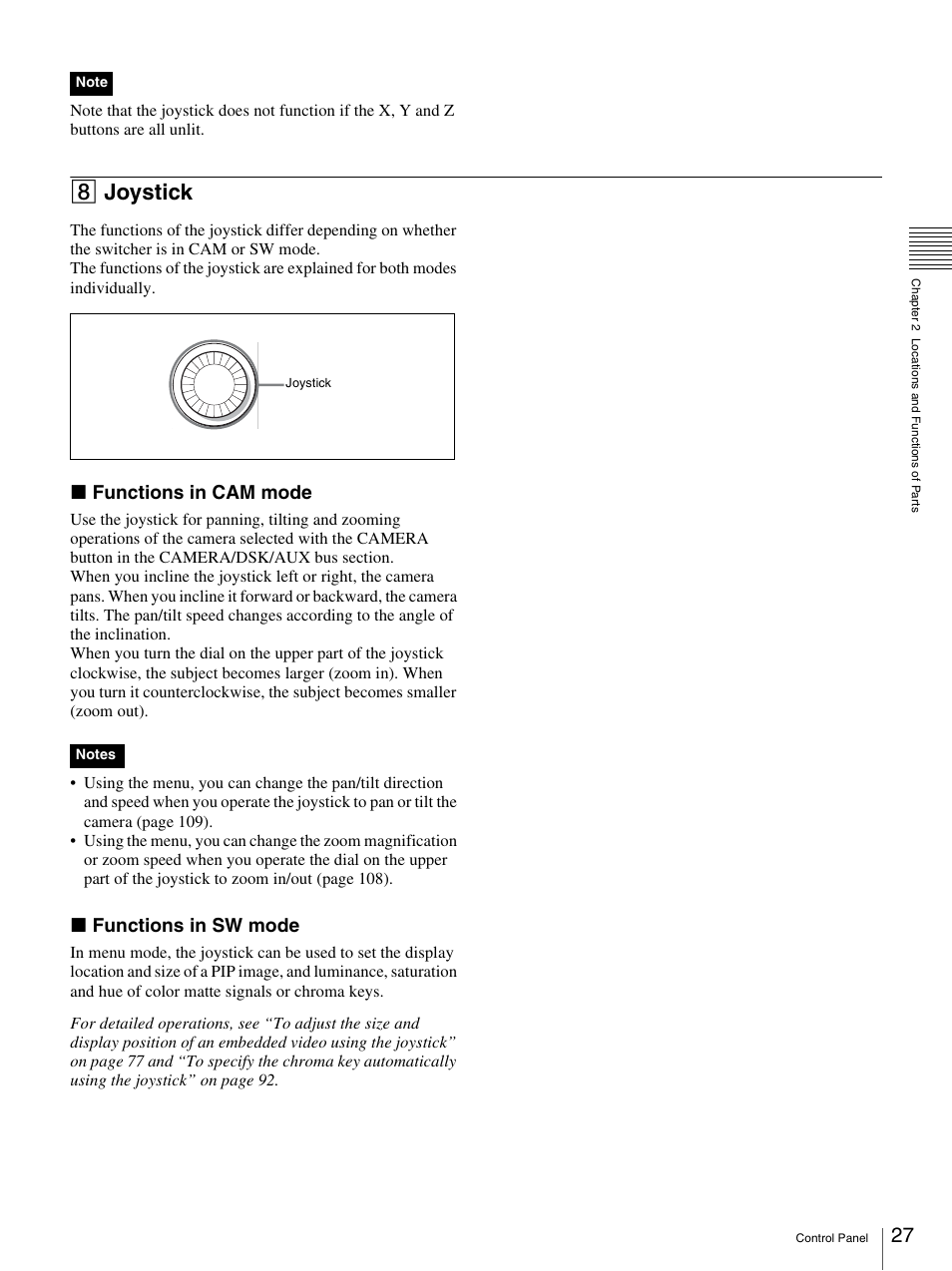 8 joystick, X functions in cam mode, X functions in sw mode | Sony BRS-200 User Manual | Page 27 / 159