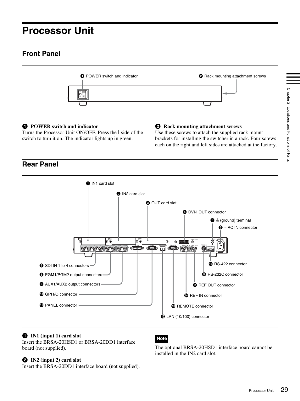 Processor unit, Front panel, Rear panel | Front panel rear panel | Sony BRS-200 User Manual | Page 29 / 159