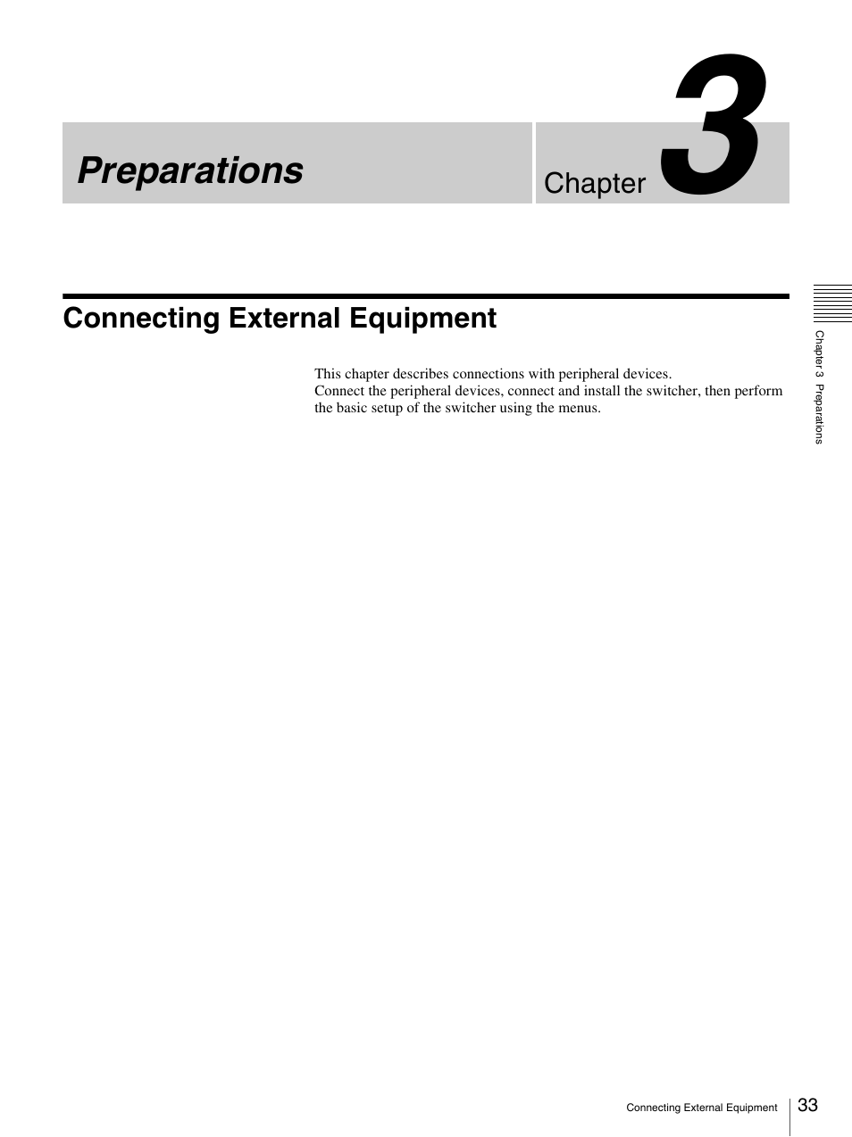 Chapter 3 preparations, Connecting external equipment, Preparations | Sony BRS-200 User Manual | Page 33 / 159