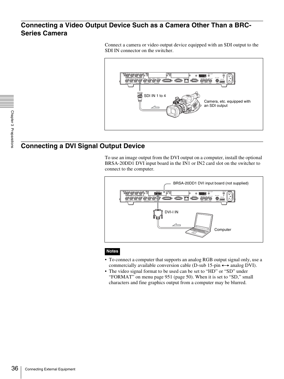 Connecting a dvi signal output device, Brc-series camera | Sony BRS-200 User Manual | Page 36 / 159