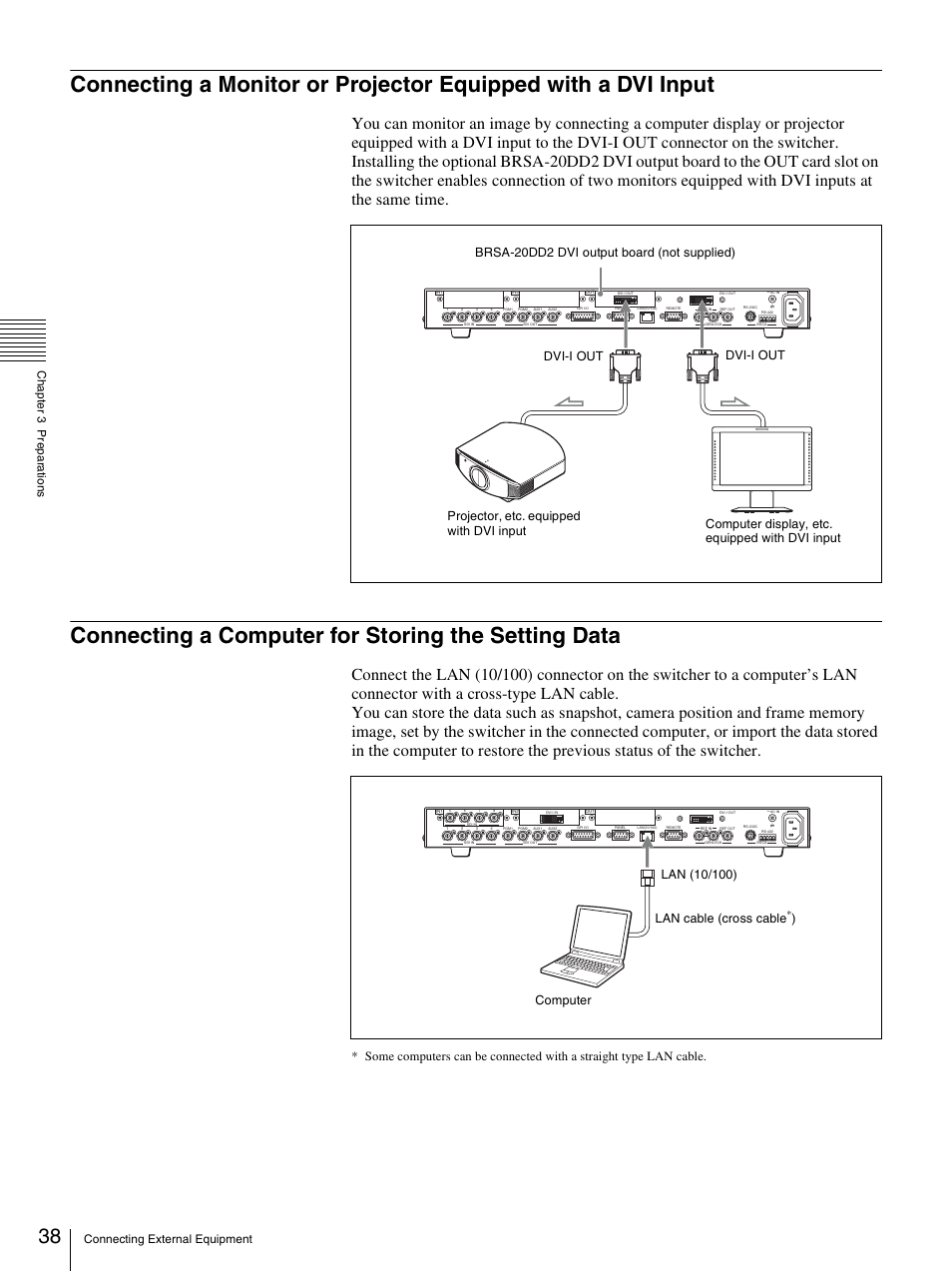 Connecting a computer for storing the setting data, Lan cable (cross cable | Sony BRS-200 User Manual | Page 38 / 159