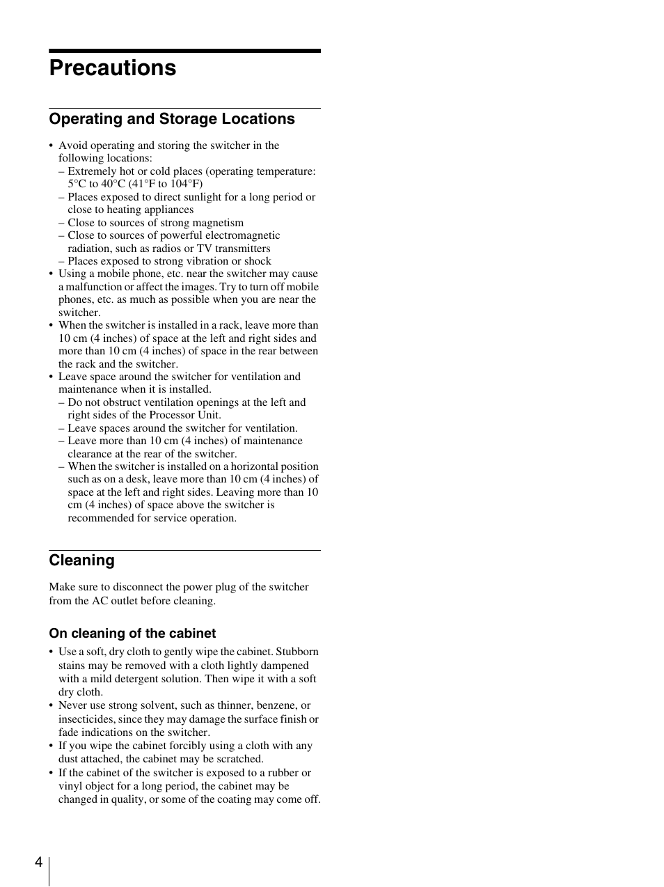 Precautions, Operating and storage locations, Cleaning | Sony BRS-200 User Manual | Page 4 / 159