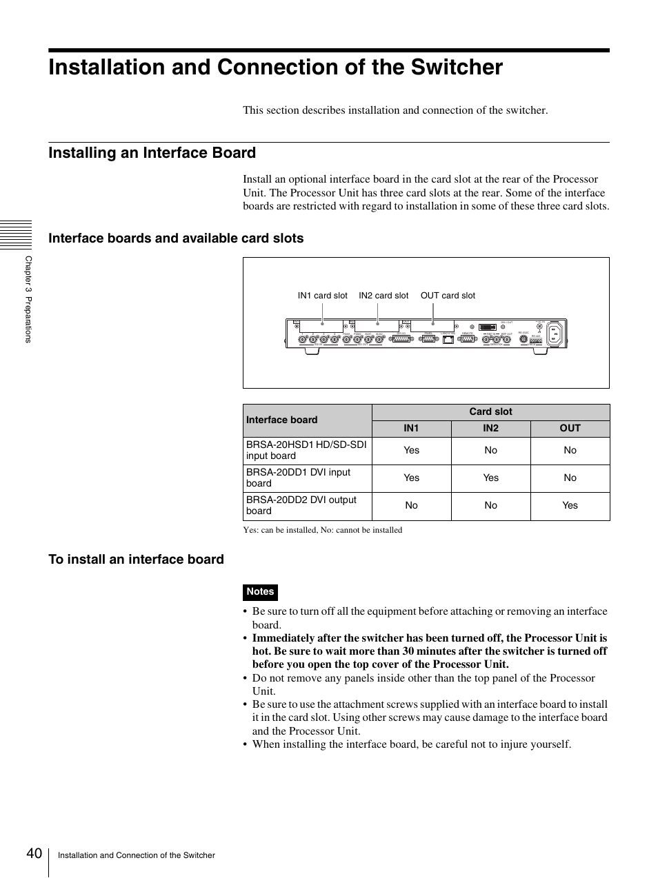 Installation and connection of the switcher, Installing an interface board, Interface boards and available card slots | Sony BRS-200 User Manual | Page 40 / 159