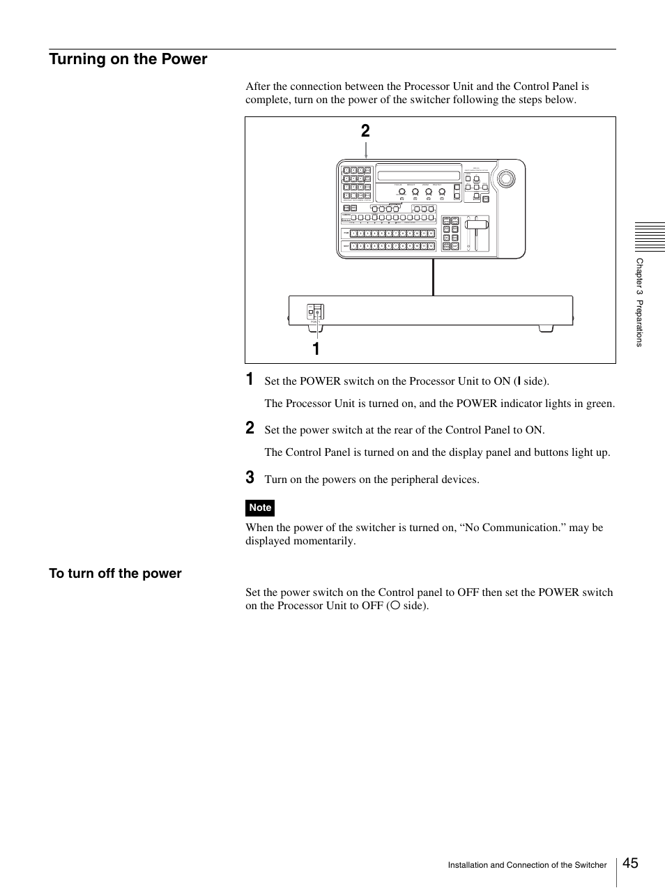 Turning on the power, Remote camera operating switcher | Sony BRS-200 User Manual | Page 45 / 159