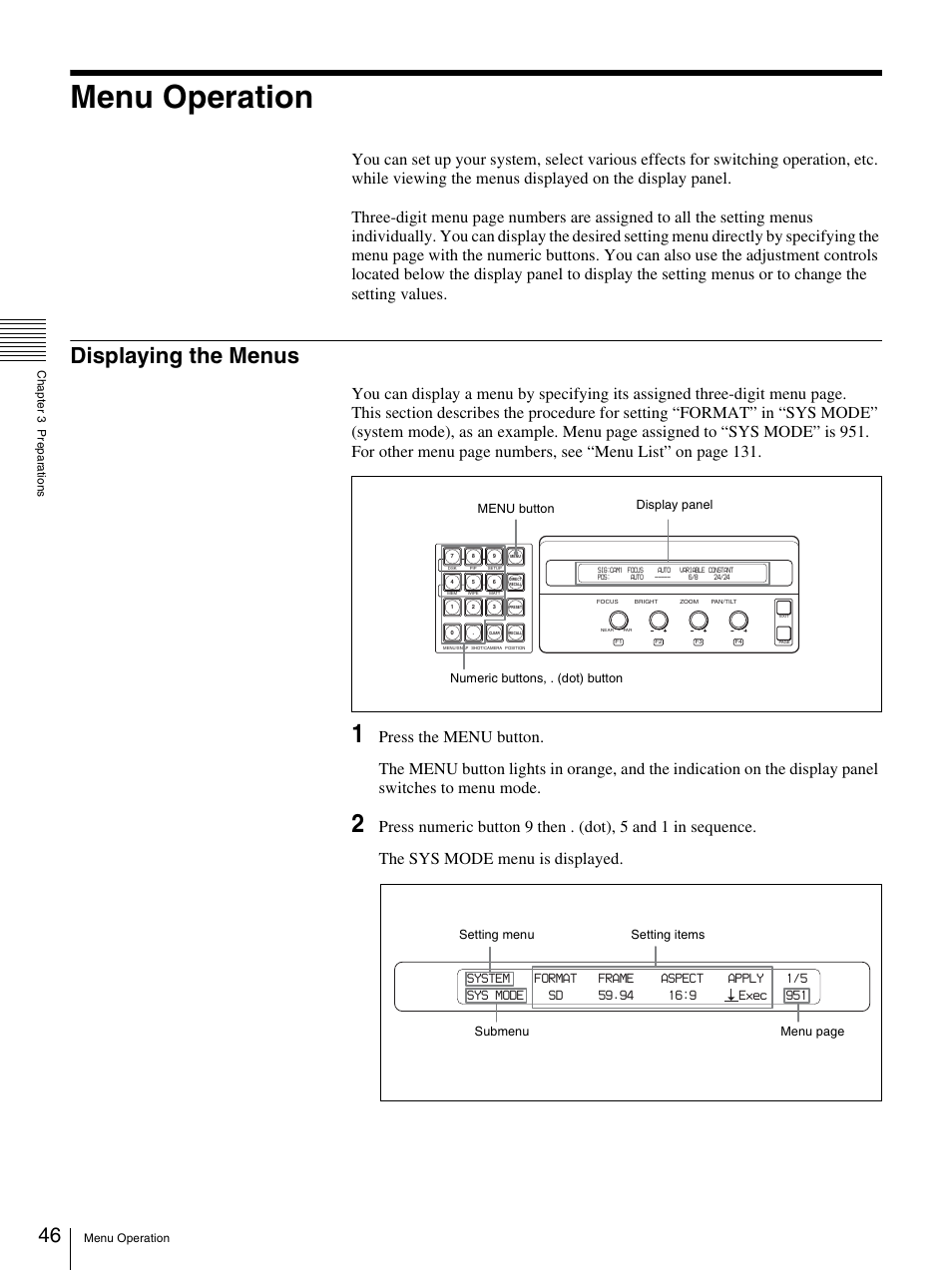 Menu operation, Displaying the menus | Sony BRS-200 User Manual | Page 46 / 159