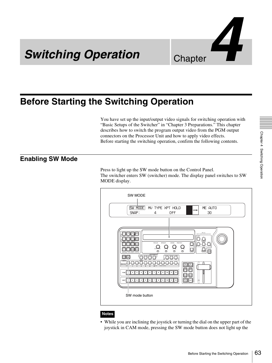 Chapter 4 switching operation, Before starting the switching operation, Enabling sw mode | Switching operation, Chapter, Cha p te r 4 s witc h ing op er at ion | Sony BRS-200 User Manual | Page 63 / 159