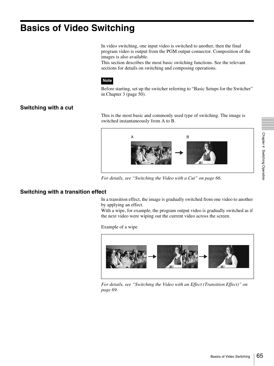 Basics of video switching, Switching with a cut, Switching with a transition effect | Sony BRS-200 User Manual | Page 65 / 159