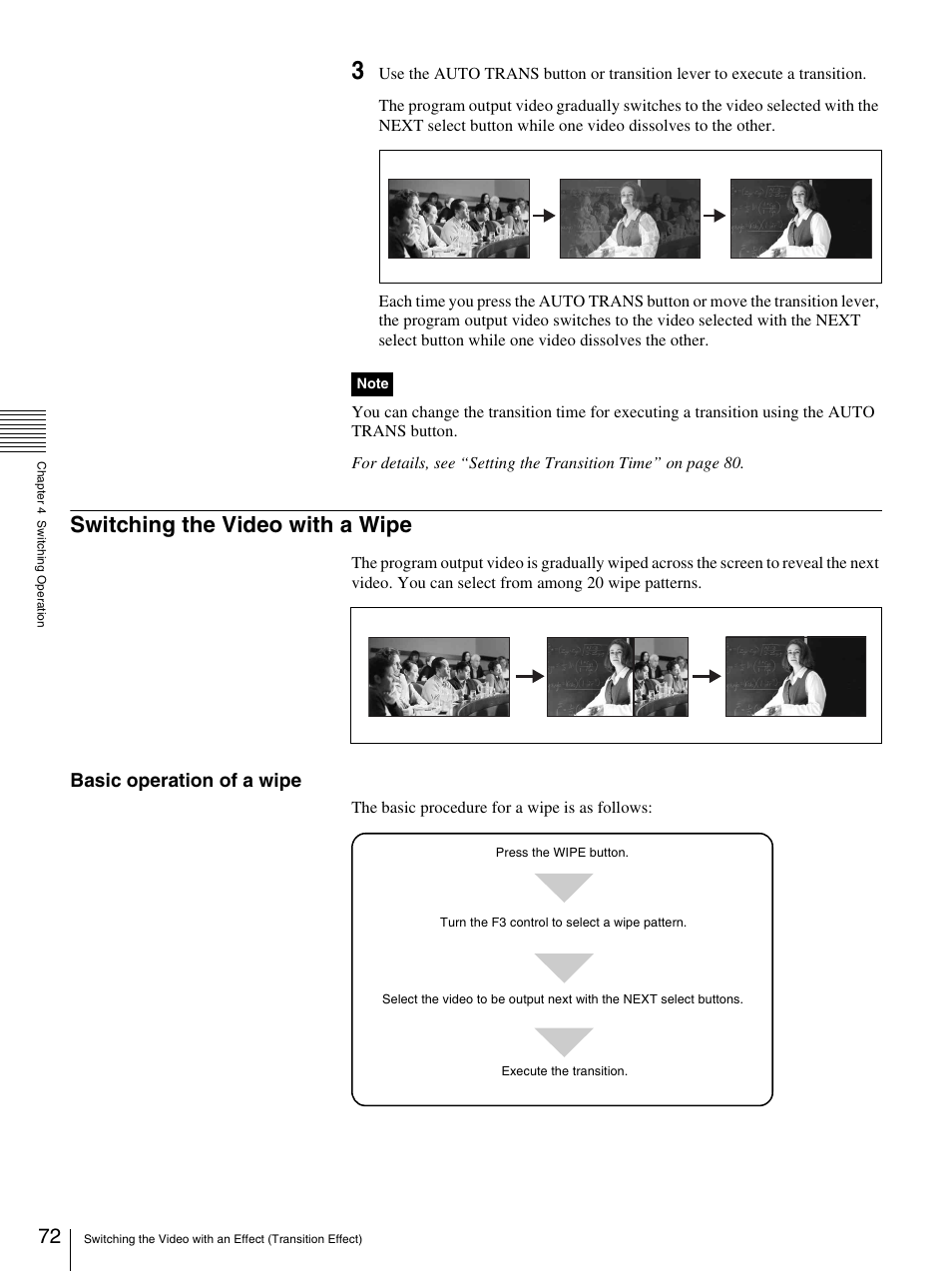 Switching the video with a wipe, Basic operation of a wipe | Sony BRS-200 User Manual | Page 72 / 159