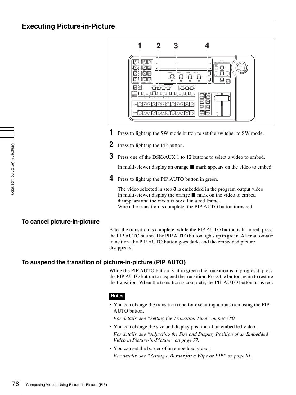 Executing picture-in-picture, Press to light up the pip button | Sony BRS-200 User Manual | Page 76 / 159