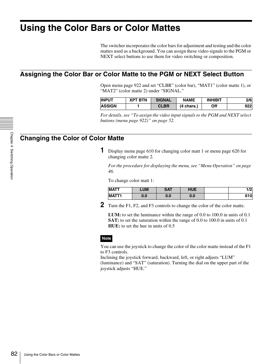 Using the color bars or color mattes, Changing the color of color matte, Button | Sony BRS-200 User Manual | Page 82 / 159