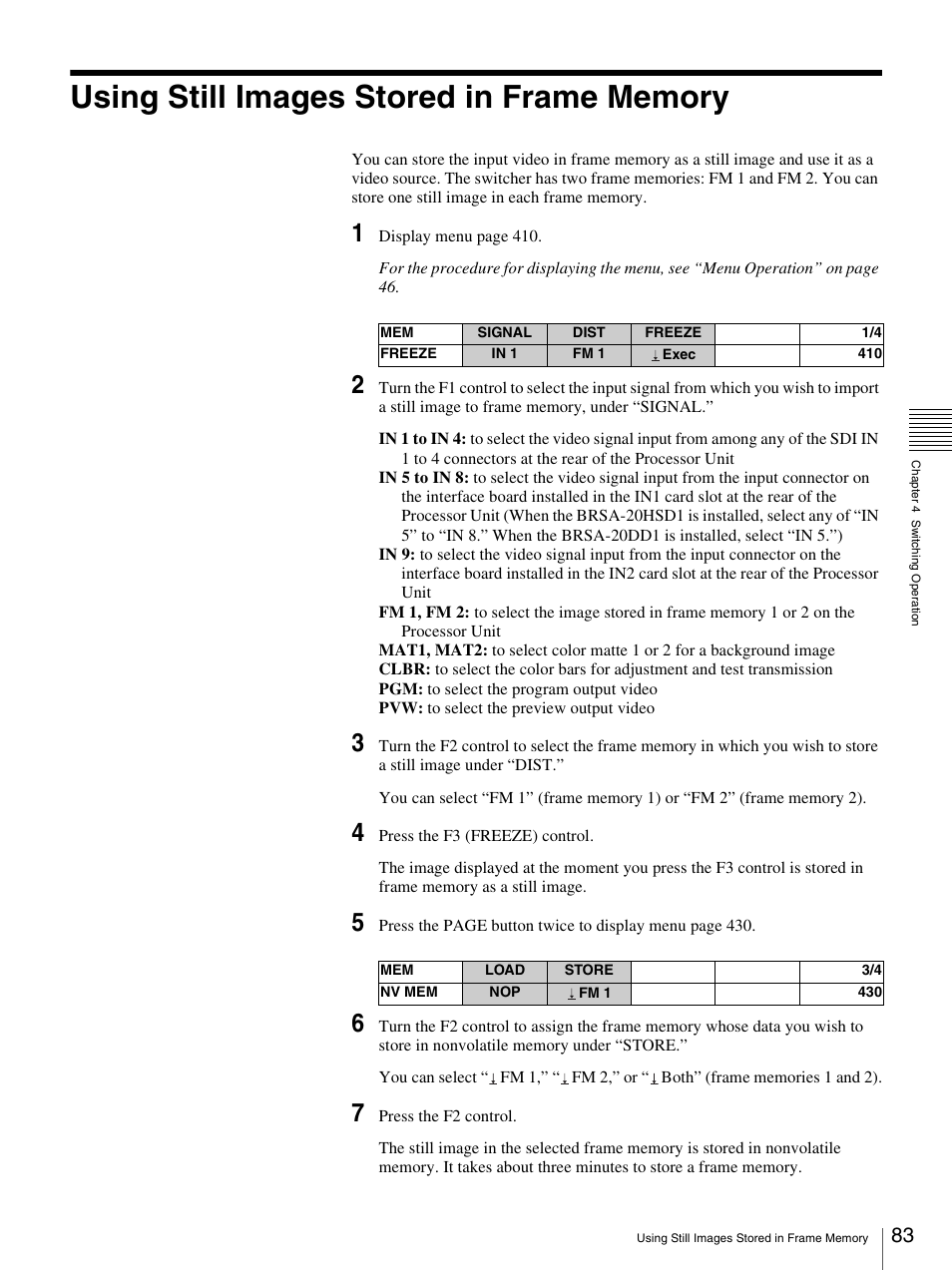 Using still images stored in frame memory | Sony BRS-200 User Manual | Page 83 / 159