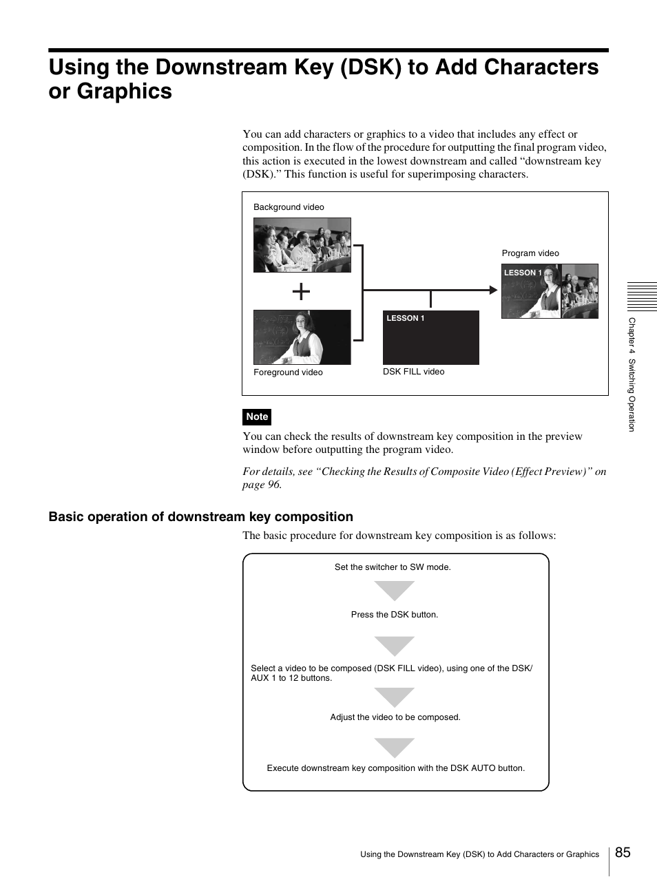 Graphics, Basic operation of downstream key composition | Sony BRS-200 User Manual | Page 85 / 159