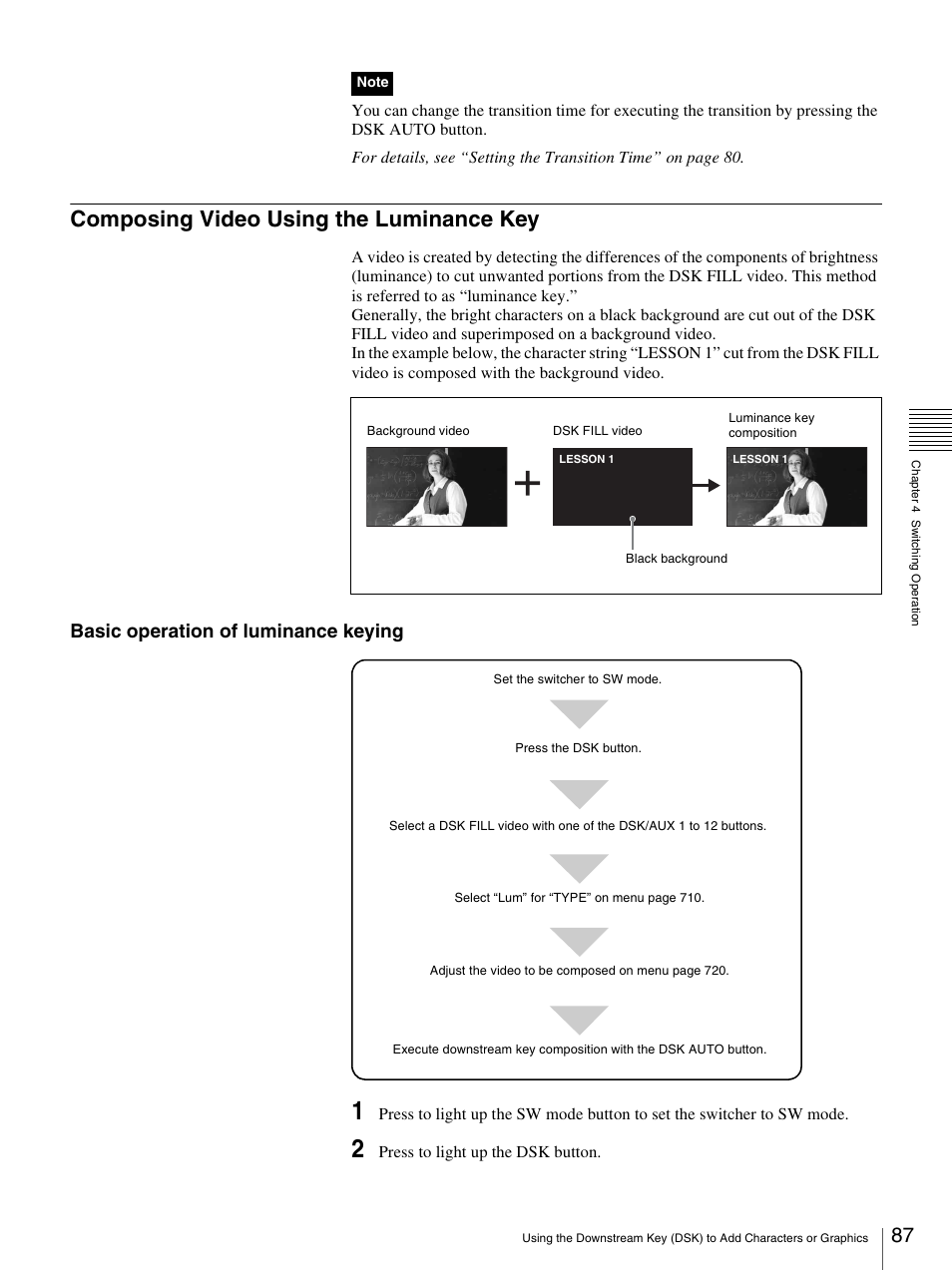 Composing video using the luminance key, Basic operation of luminance keying | Sony BRS-200 User Manual | Page 87 / 159