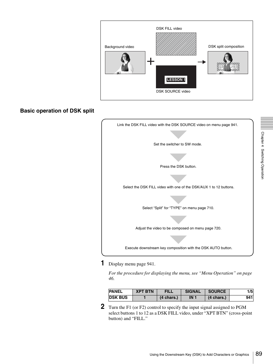 Basic operation of dsk split | Sony BRS-200 User Manual | Page 89 / 159