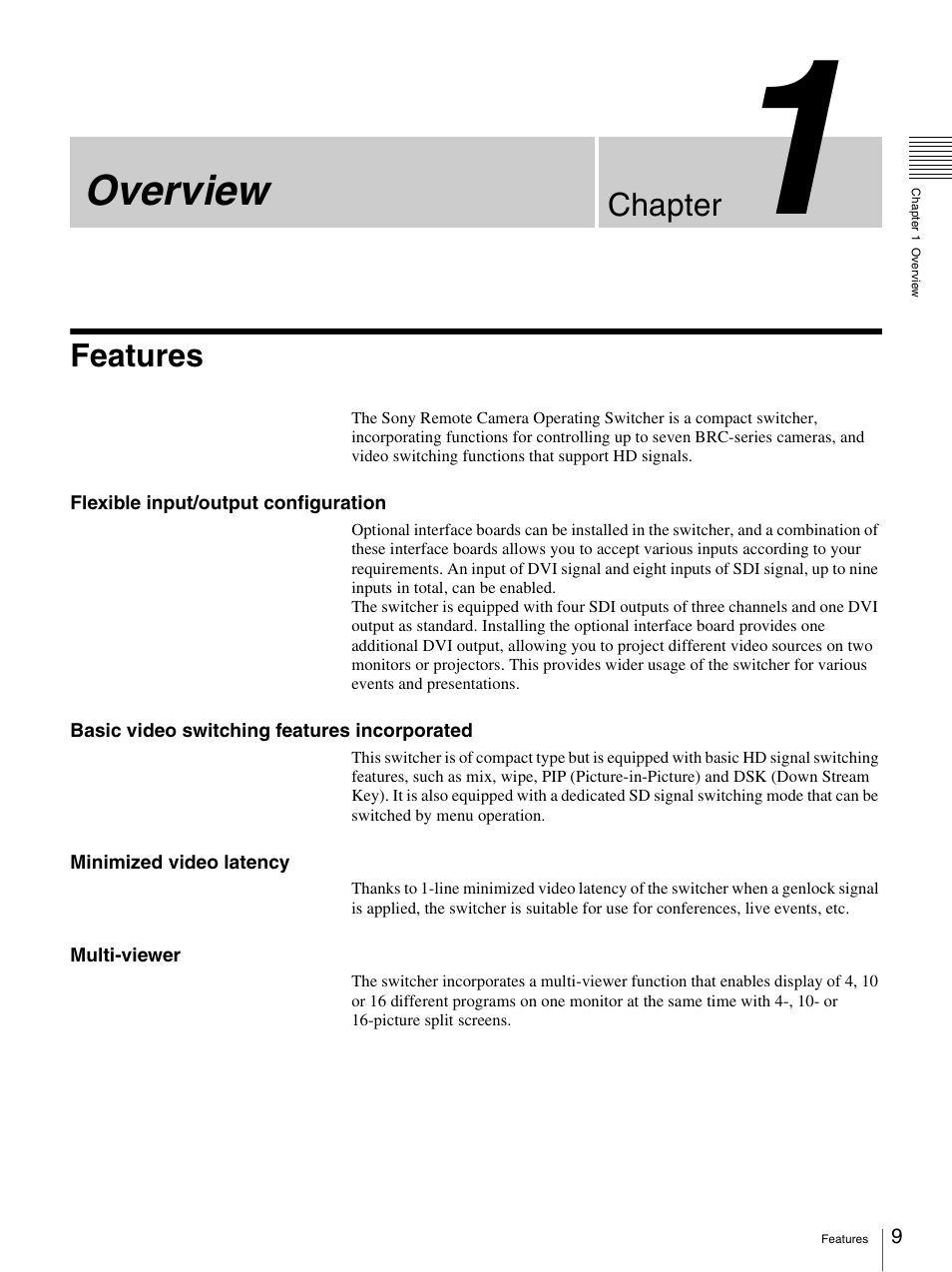 Chapter 1 overview, Features, Overview | Chapter | Sony BRS-200 User Manual | Page 9 / 159