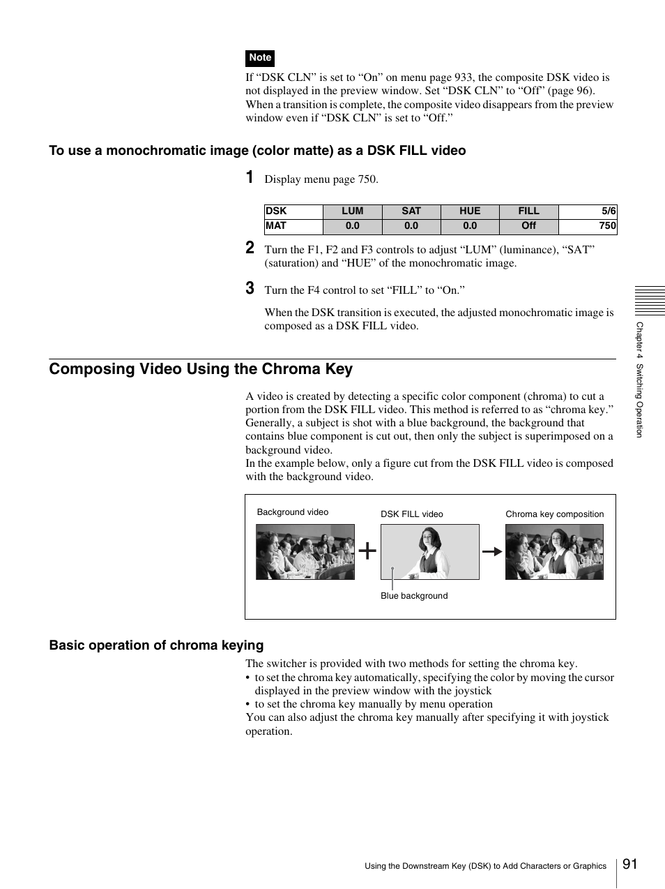 Composing video using the chroma key, Basic operation of chroma keying | Sony BRS-200 User Manual | Page 91 / 159