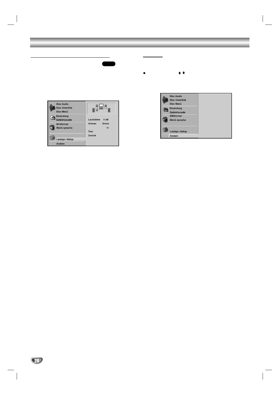 Vor dem betrieb (forts.), Einrichtung der lautsprecher, Andere | 1 lautsprecher-konfiguration, Dynamic range control (drc), Playback control (pbc) | Sony DAV-SB100 User Manual | Page 60 / 120