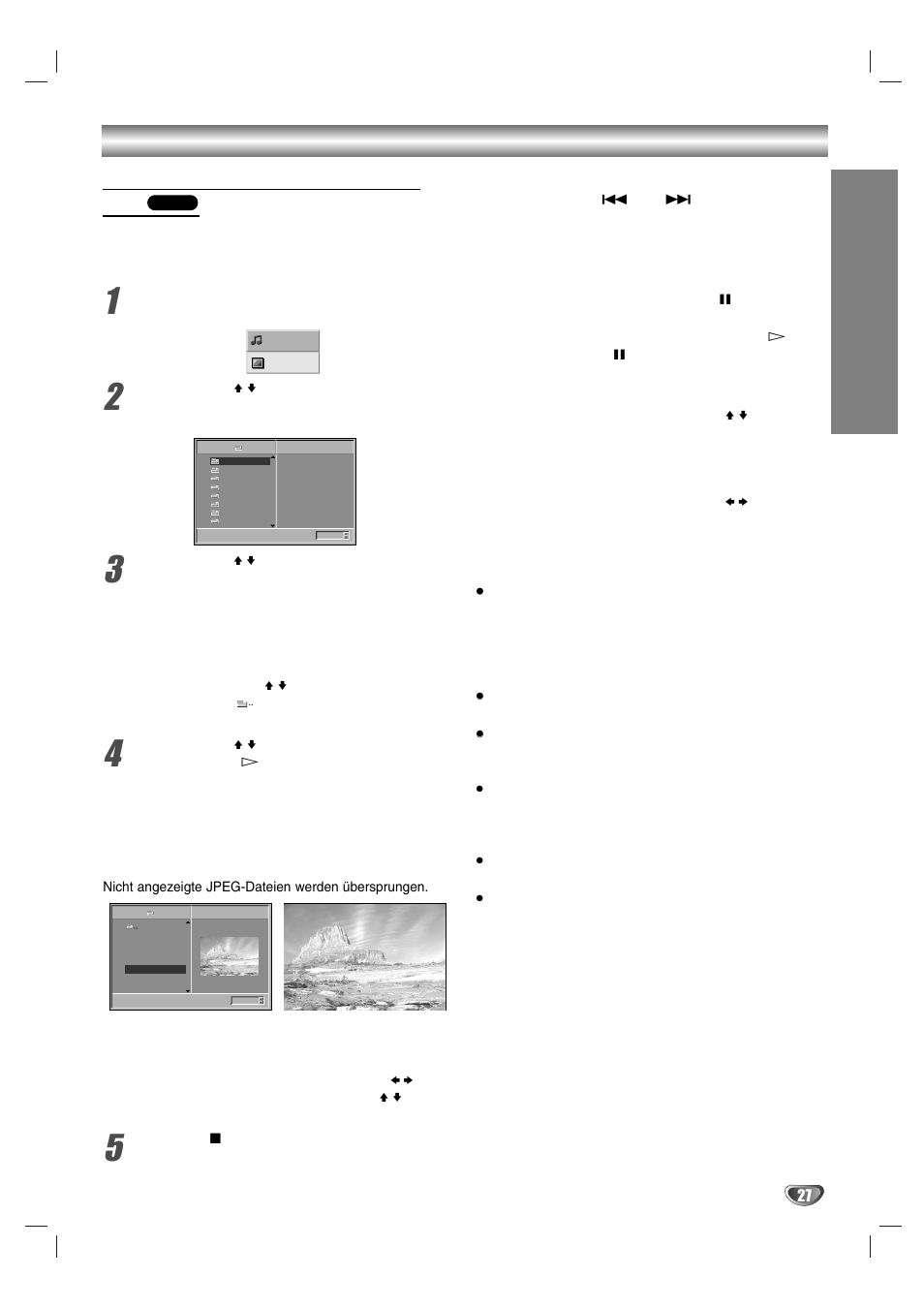 Jpeg-datei-betrieb, Bedienung, Anzeigen von jpeg-dateien auf einer disc | Auswahl einer anderen datei, Standbild, Bild umdrehen, Bild drehen, Hinweise zu jpeg-dateien | Sony DAV-SB100 User Manual | Page 67 / 120