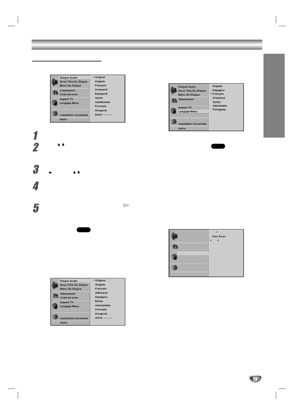 Prép ara tion, Fonctionnement général, Langue | Format du téléviseur | Sony DAV-SB100 User Manual | Page 99 / 120