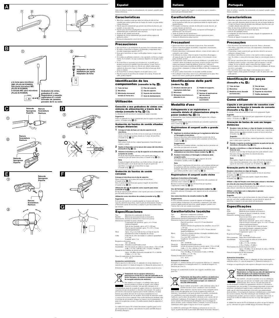 Ce d f g, Características, Precauciones | Identificación de los componentes, Utilización, Especificaciones, Caratteristiche, Precauzioni, Identificazione delle parti, Modalità d’uso | Sony ECM CZ10 User Manual | Page 2 / 2