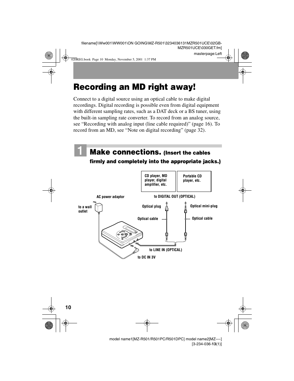 Recording an md right away, Make connections | Sony MZ-R501 User Manual | Page 10 / 40