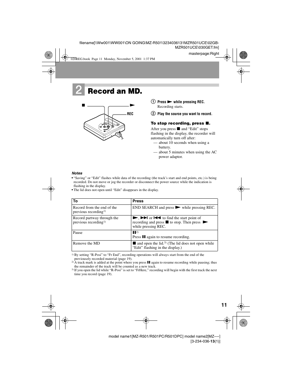 Record an md | Sony MZ-R501 User Manual | Page 11 / 40