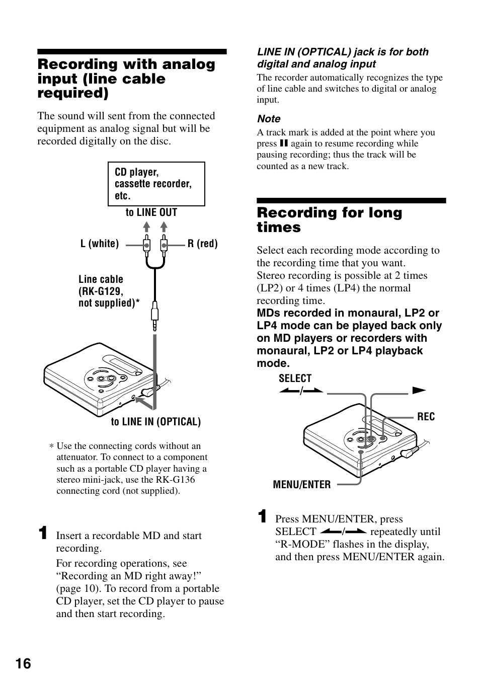 Recording with analog input (line cable required), Recording for long times | Sony MZ-R501 User Manual | Page 16 / 40