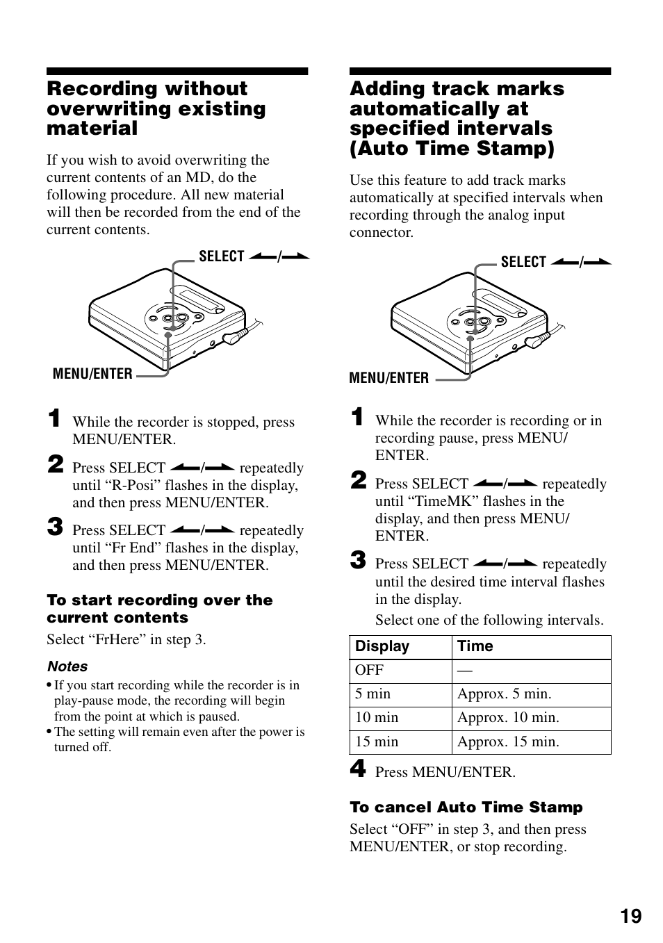 Recording without overwriting existing material, Stamp), 19 recording without overwriting existing material | Sony MZ-R501 User Manual | Page 19 / 40