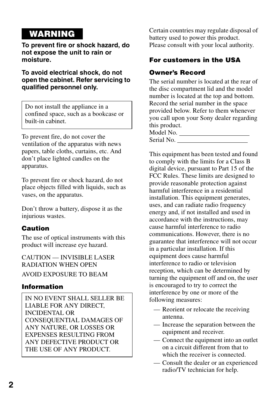 Warning | Sony MZ-R501 User Manual | Page 2 / 40