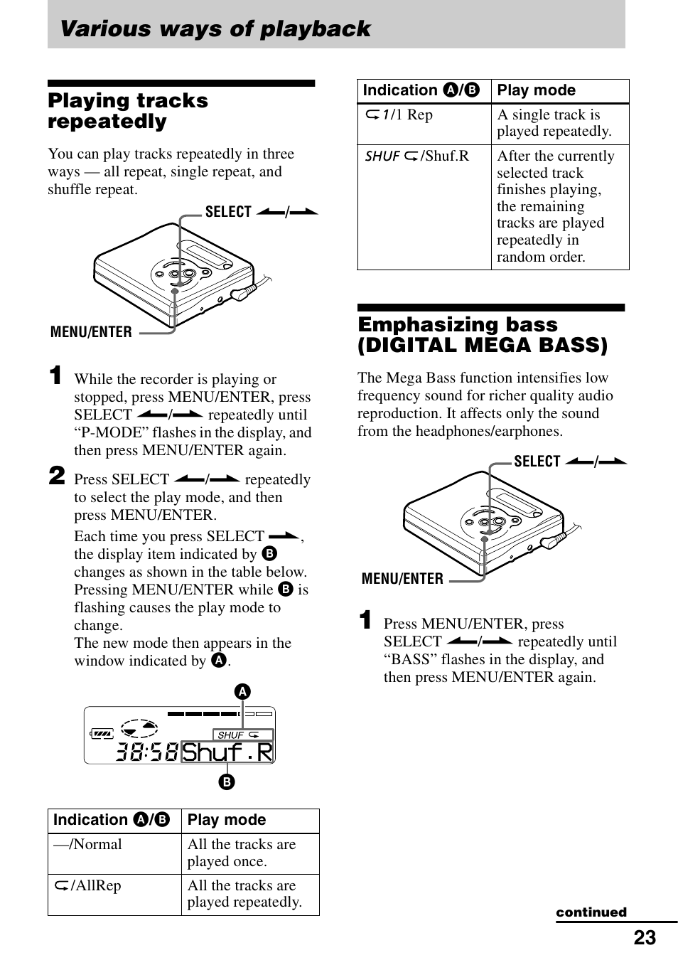 Various ways of playback, Playing tracks repeatedly, Emphasizing bass (digital mega bass) | Sony MZ-R501 User Manual | Page 23 / 40
