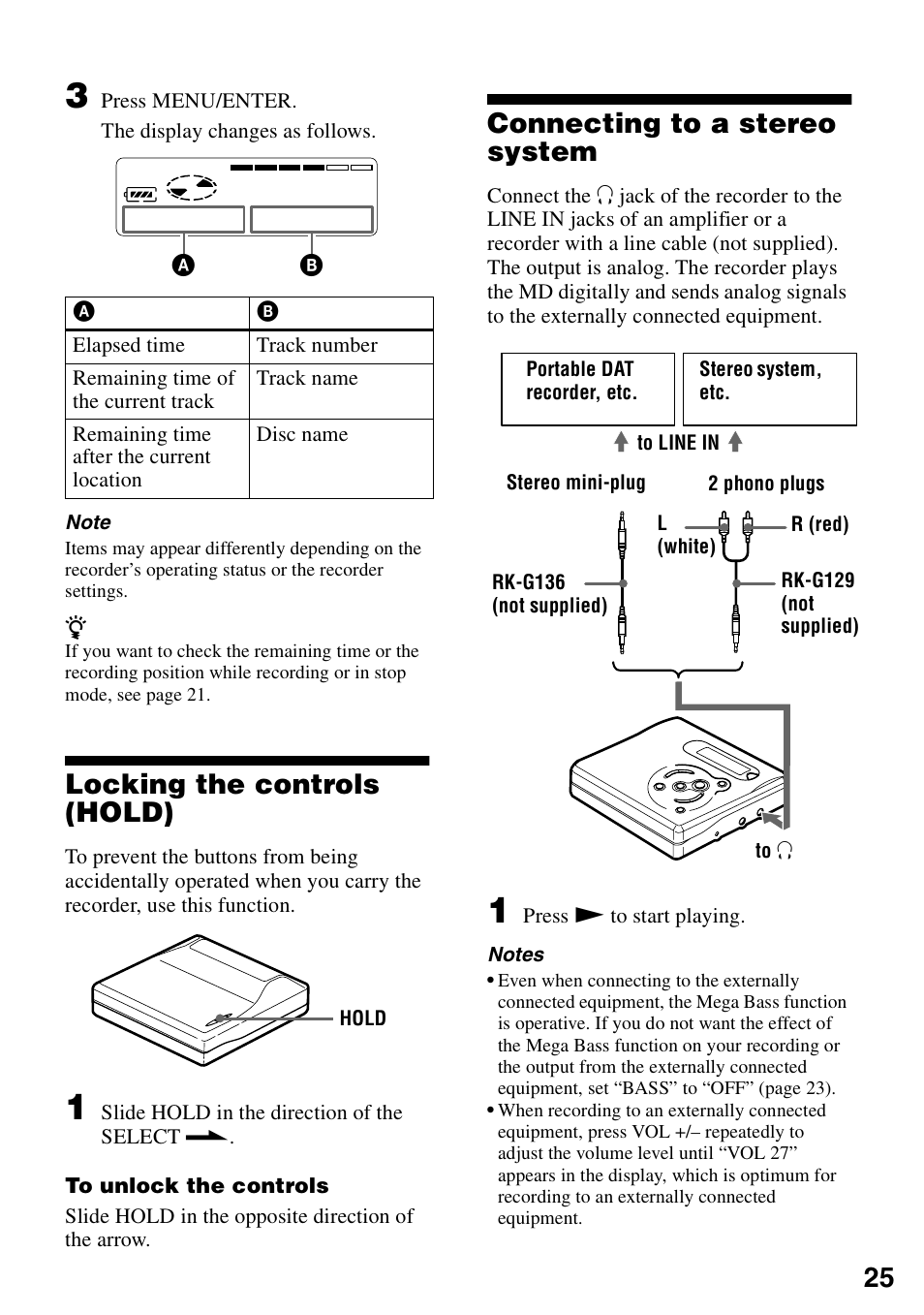 Locking the controls (hold), Connecting to a stereo system | Sony MZ-R501 User Manual | Page 25 / 40