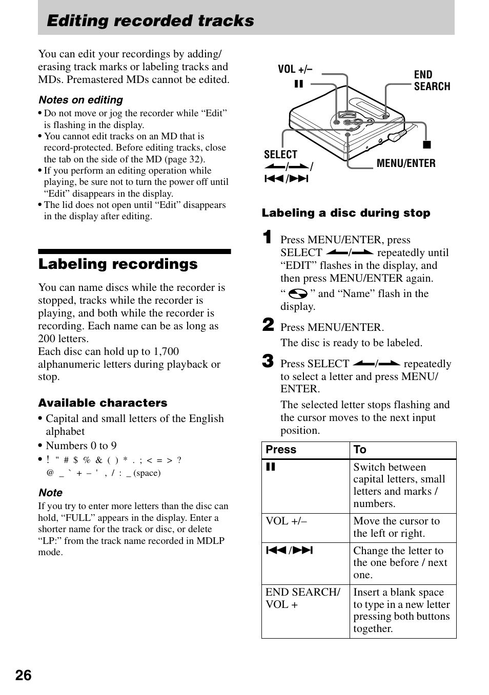 Editing recorded tracks, Labeling recordings | Sony MZ-R501 User Manual | Page 26 / 40