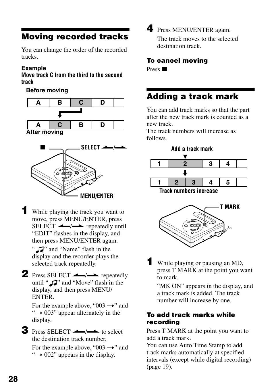 Moving recorded tracks, Adding a track mark, Moving recorded tracks adding a track mark | 28 moving recorded tracks | Sony MZ-R501 User Manual | Page 28 / 40