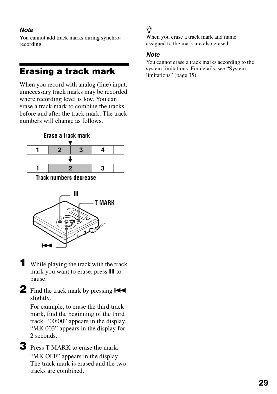 Erasing a track mark | Sony MZ-R501 User Manual | Page 29 / 40