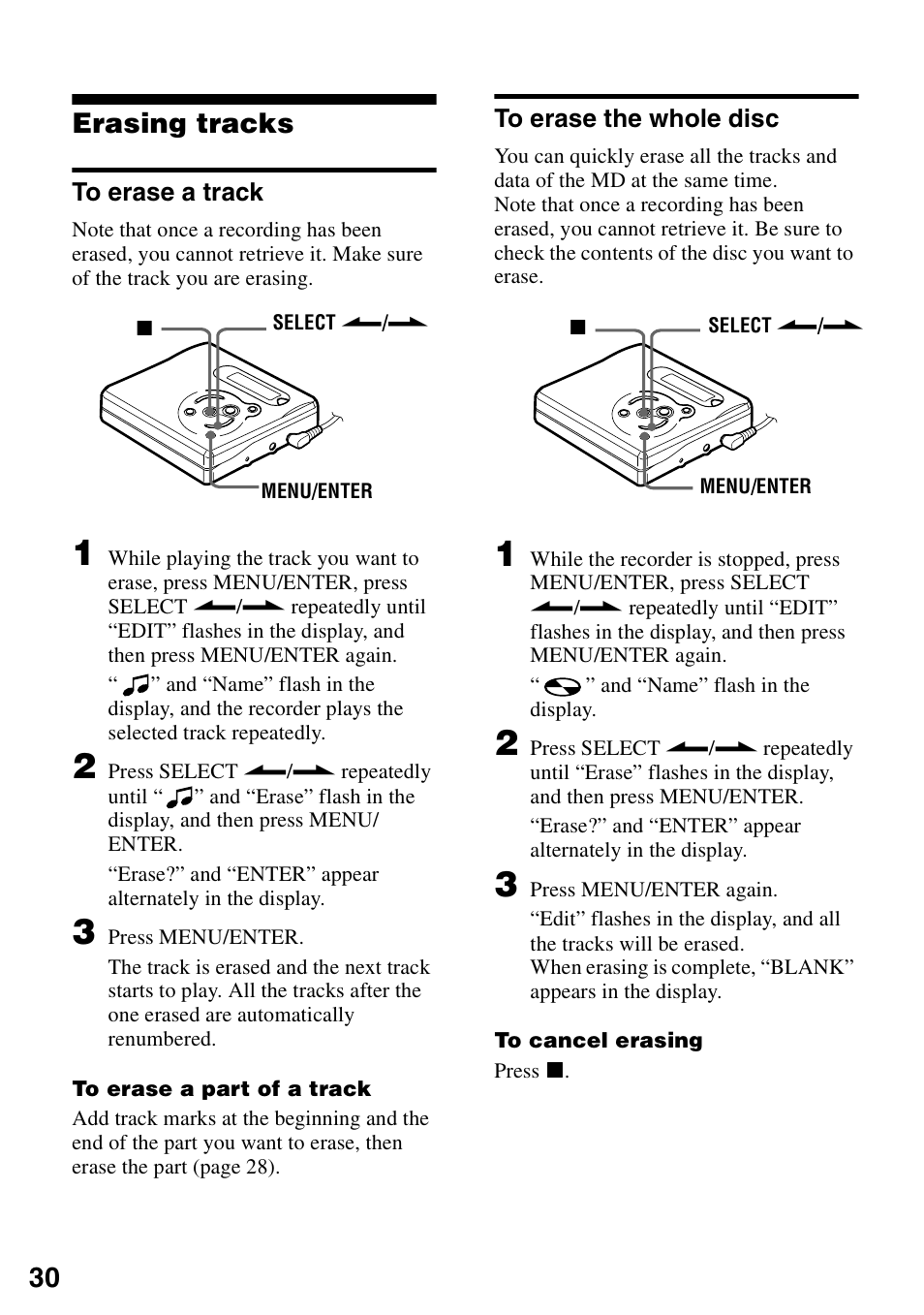 Erasing tracks, To erase a track, To erase the whole disc | To erase a track to erase the whole disc, 30 erasing tracks | Sony MZ-R501 User Manual | Page 30 / 40