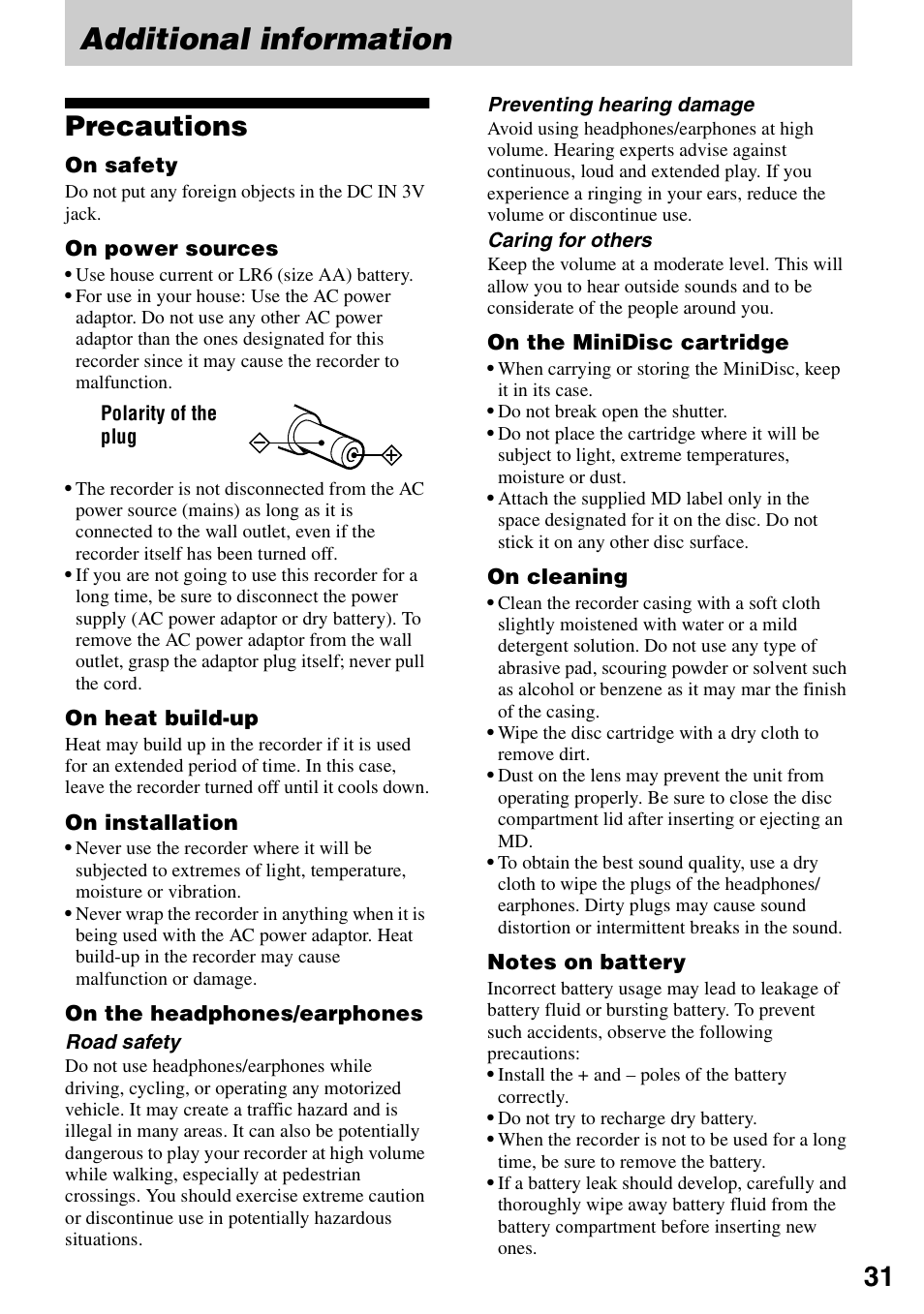 Additional information, Precautions | Sony MZ-R501 User Manual | Page 31 / 40