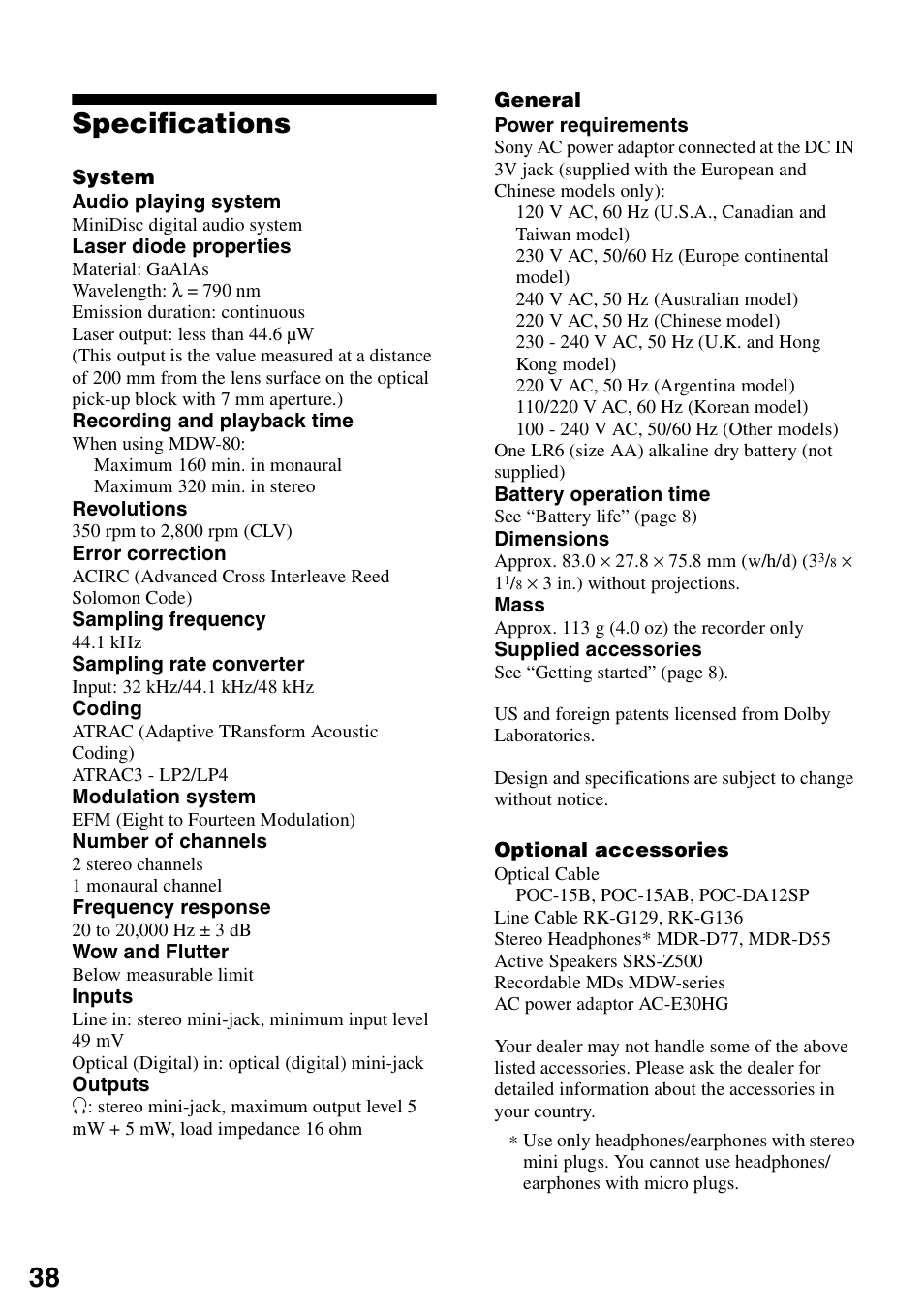 Specifications, 38 specifications | Sony MZ-R501 User Manual | Page 38 / 40