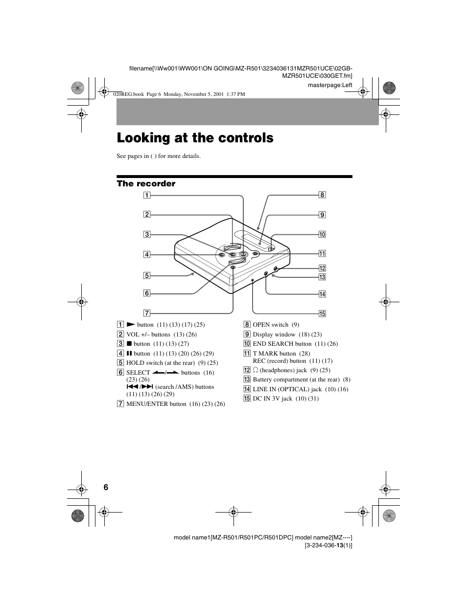 Looking at the controls, The recorder | Sony MZ-R501 User Manual | Page 6 / 40