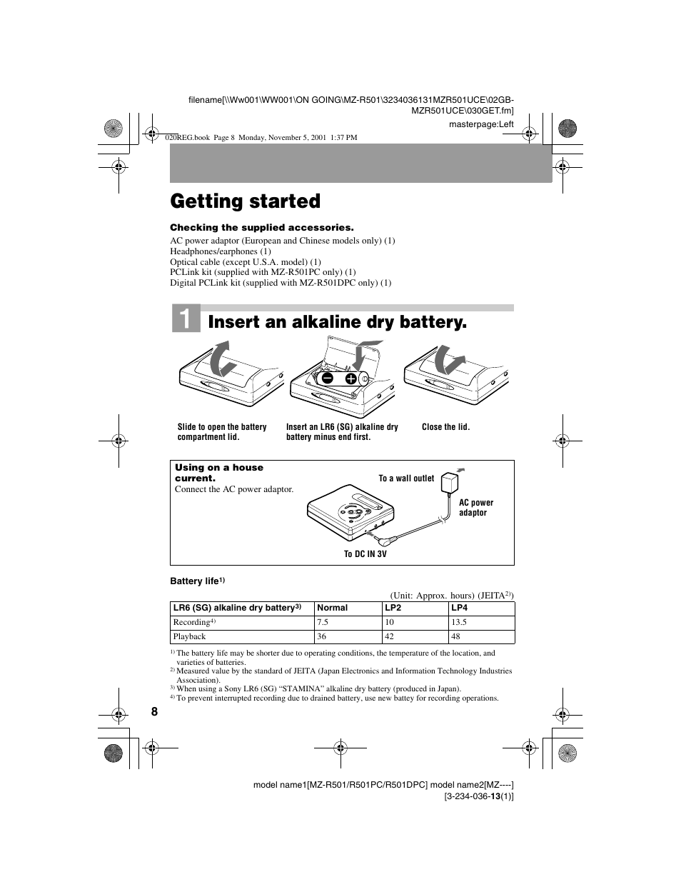 Getting started, Insert an alkaline dry battery | Sony MZ-R501 User Manual | Page 8 / 40