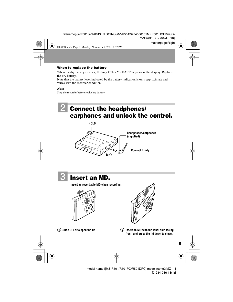 Insert an md | Sony MZ-R501 User Manual | Page 9 / 40