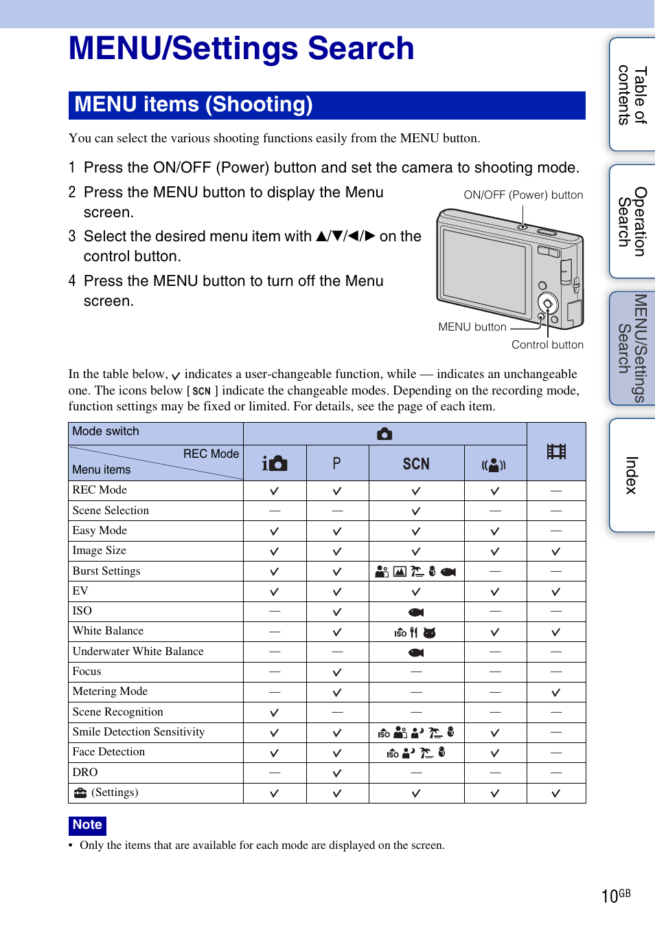 Menu/settings search, Se ar, Ttin | Menu items (shooting) | Sony Cyber-shot 4-166-049-12(1) User Manual | Page 10 / 104