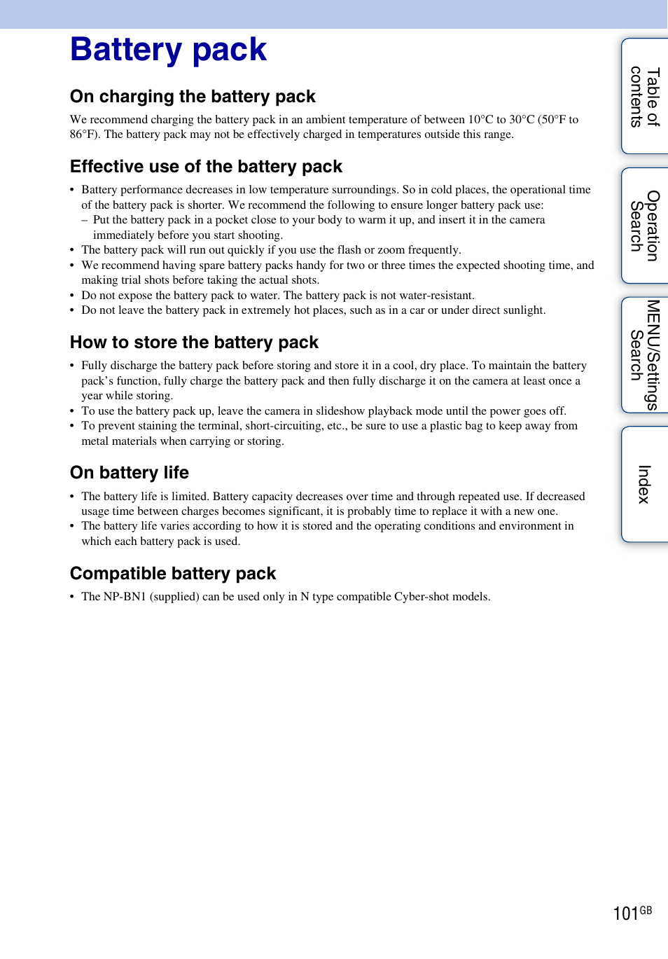 Battery pack, On charging the battery pack, Effective use of the battery pack | How to store the battery pack, On battery life, Compatible battery pack | Sony Cyber-shot 4-166-049-12(1) User Manual | Page 101 / 104
