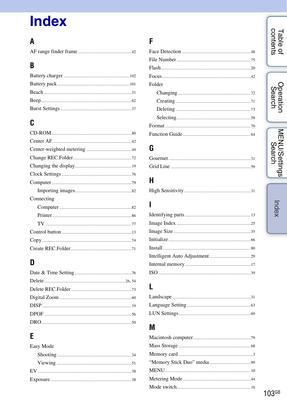 Index, De x | Sony Cyber-shot 4-166-049-12(1) User Manual | Page 103 / 104