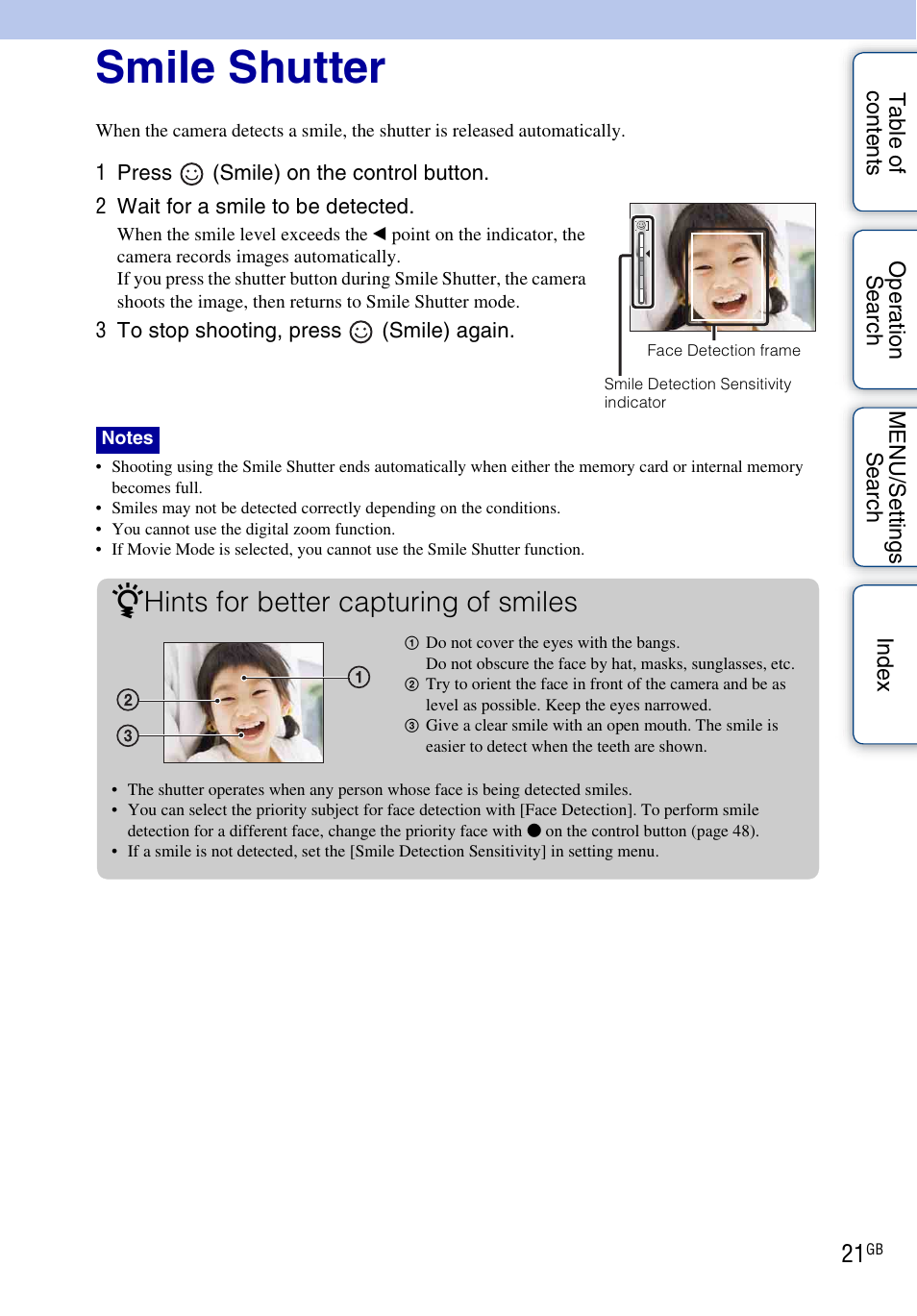 Smile shutter, Hints for better capturing of smiles | Sony Cyber-shot 4-166-049-12(1) User Manual | Page 21 / 104