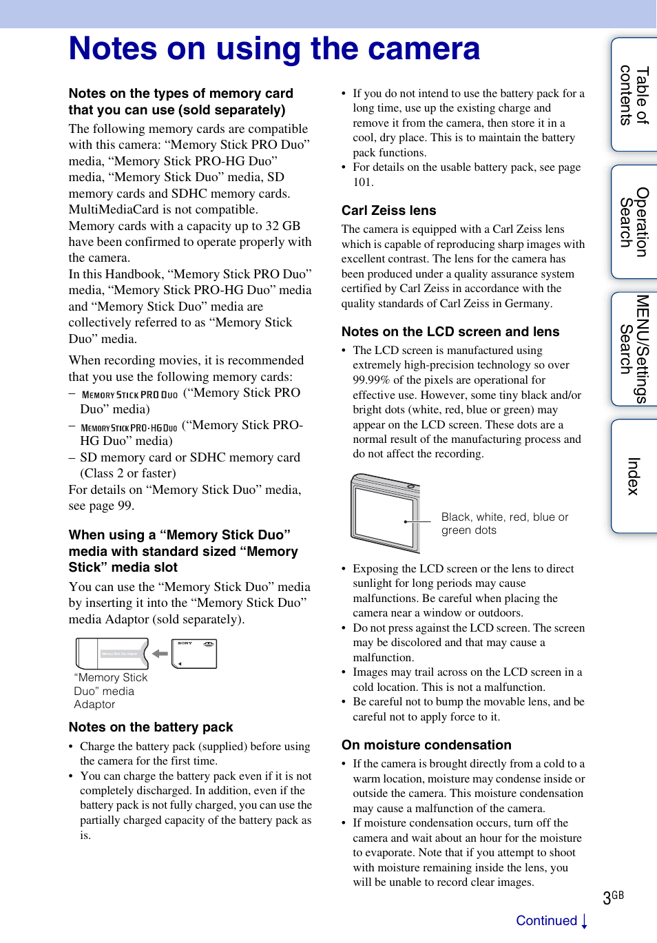 Notes on using the camera | Sony Cyber-shot 4-166-049-12(1) User Manual | Page 3 / 104