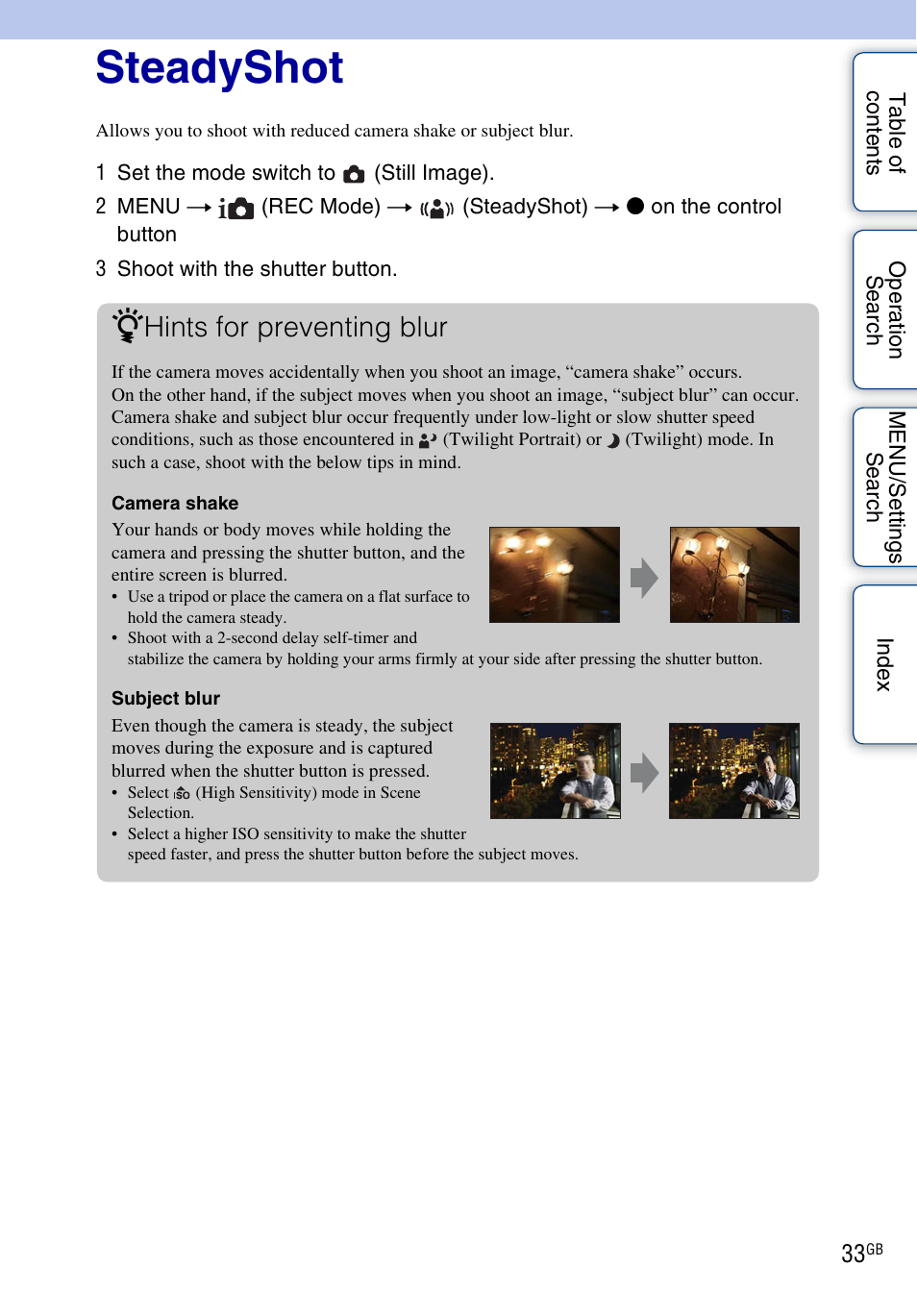 Steadyshot, Hints for preventing blur | Sony Cyber-shot 4-166-049-12(1) User Manual | Page 33 / 104