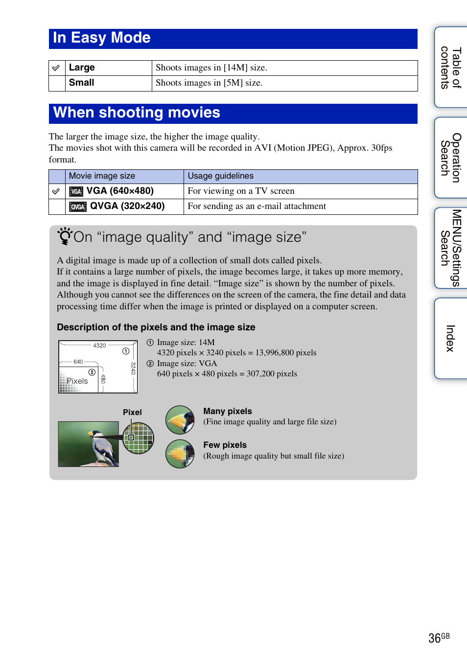 When shooting movies, On “image quality” and “image size | Sony Cyber-shot 4-166-049-12(1) User Manual | Page 36 / 104