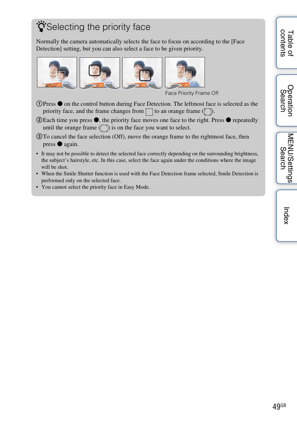 Selecting the priority face | Sony Cyber-shot 4-166-049-12(1) User Manual | Page 49 / 104