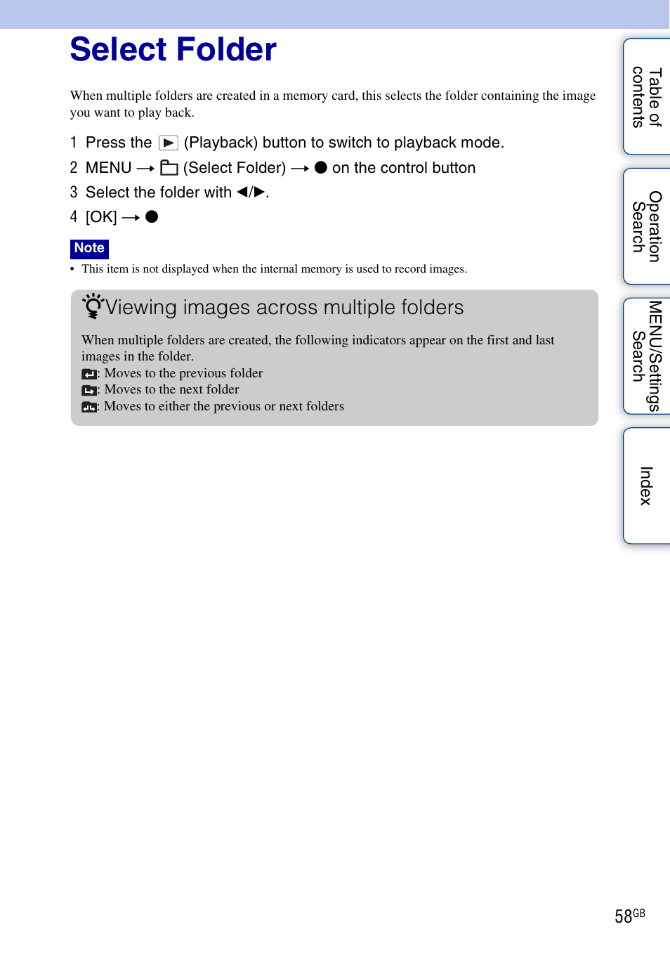 Select folder, Select folder), Viewing images across multiple folders | Sony Cyber-shot 4-166-049-12(1) User Manual | Page 58 / 104